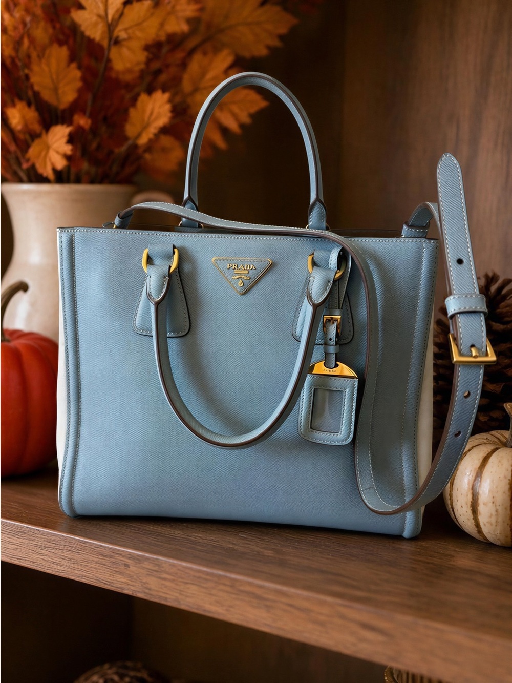 Prada Dusty Blue and White Leather Satchel with Detachable Strap